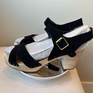 LOFT Black Suede Wooden Platform Mules